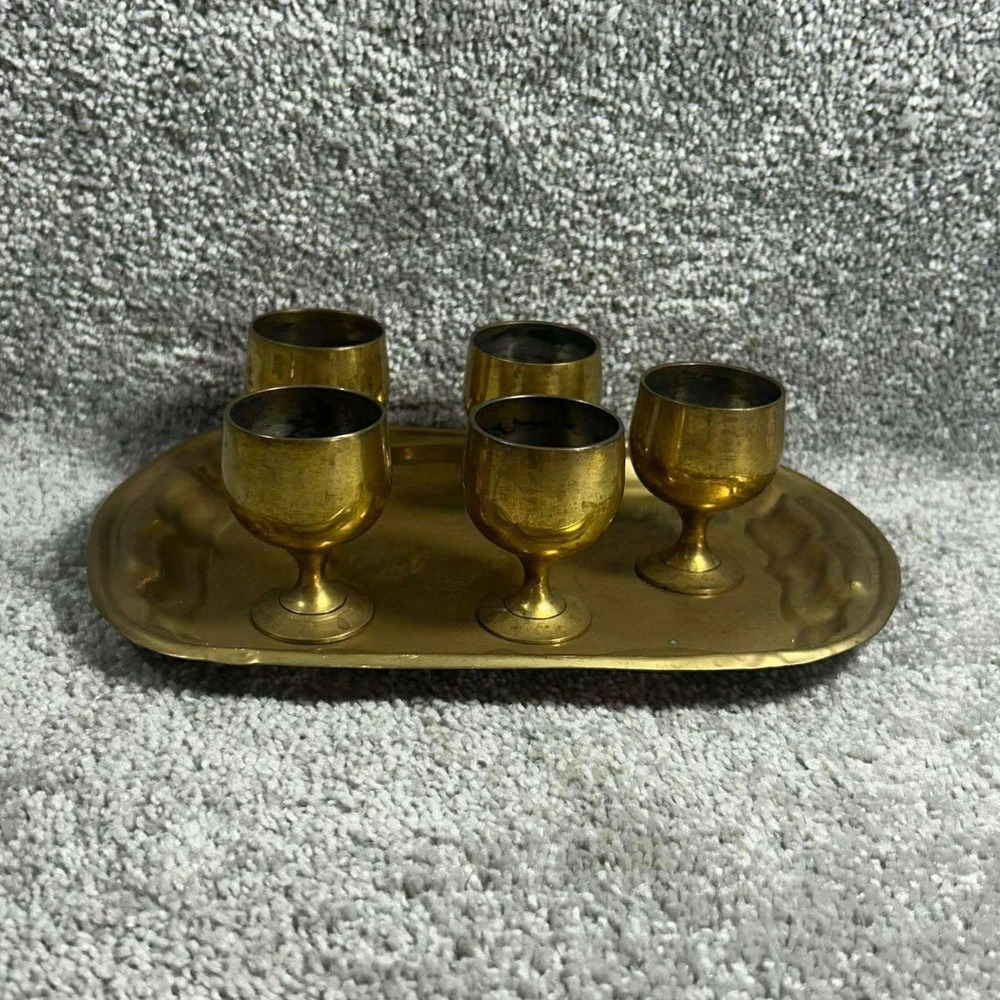 Vintage Brass Cordial Set Gold Mini Footed Cups with Scalloped Tray